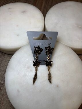 247 Pilgrim Black and Gold Floral Feather Drop Earrings